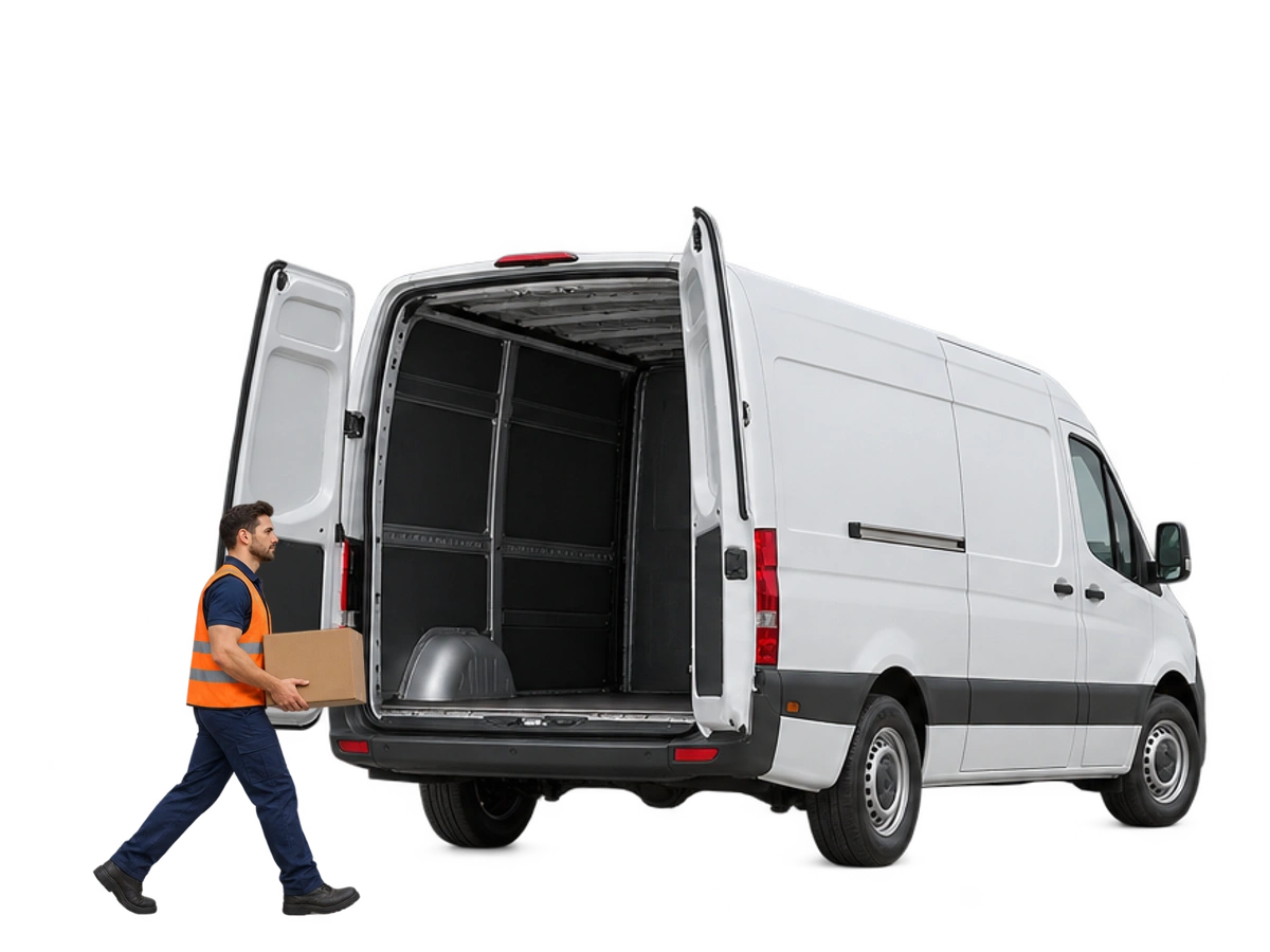 Illustrative photographic scene of a mover carrying a box beside an open van